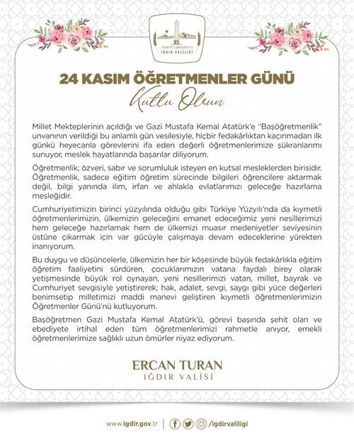 Valimiz Ercan Turan'ın 24 Kasım Öğretmenler Günü Mesajı